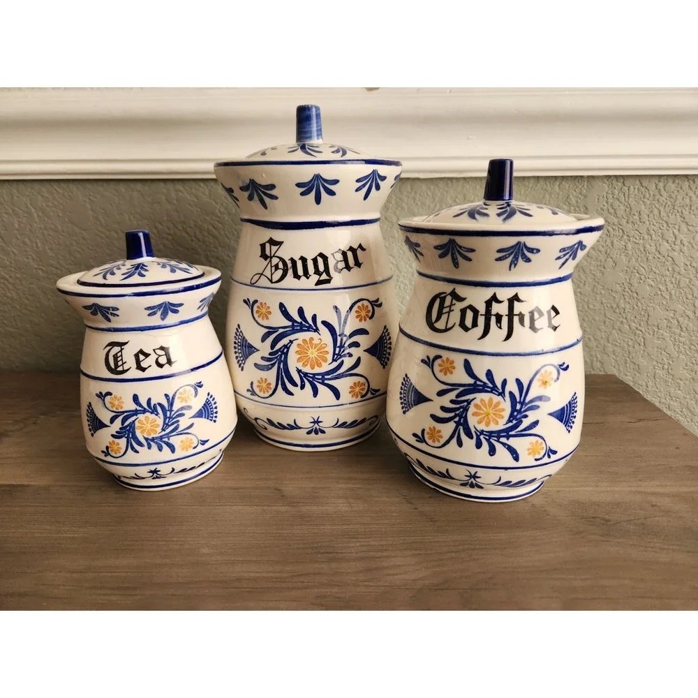 Royal Sealy Heritage Kitchen Canister Set+Lids 3 Pc 1950s Coffee Tea Sugar READ